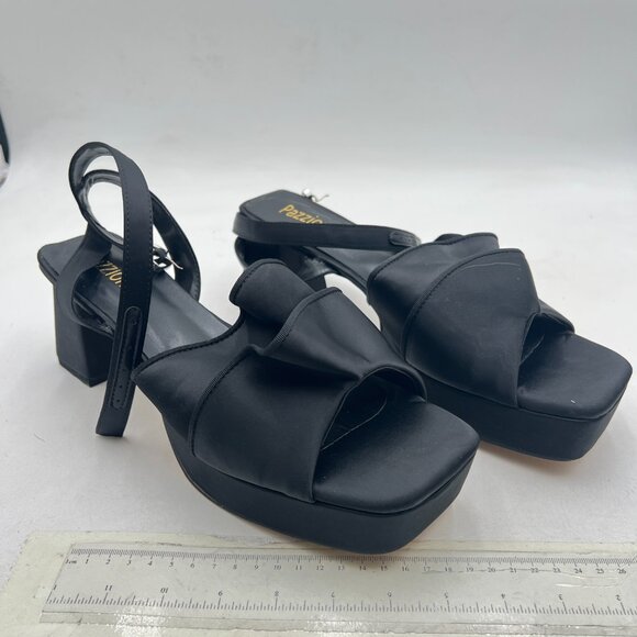 Pazzion Black Satin Platform Square Toe Pleated Ruffle Sandal Block Heel Shoes - Picture 4 of 8